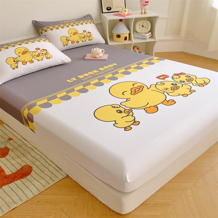 91家纺网 家纺一手货源 找家纺 梦舒羽 2025新款正版全棉床笠卡通床笠罩全包席梦思床垫保护罩 萌鸭一族-白