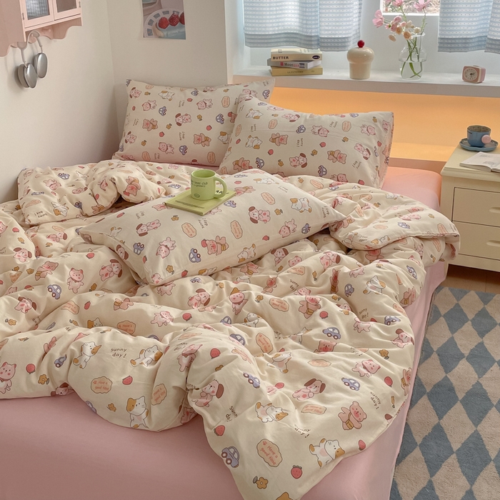 91家纺网 家纺一手货源 找家纺 桃子家居 2025新款A类纯棉有氧双层纱小清新可爱少女系列四件套 棉双层纱-萌萌日记