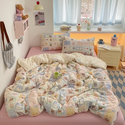 91家纺网 家纺一手货源 找家纺 桃子家居 2025新款A类纯棉有氧双层纱小清新可爱少女系列四件套 棉双层纱-美好时光奶黄