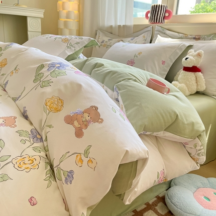 91家纺网 家纺一手货源 找家纺 （买家秀爆款不断货）A类母婴级100纯棉全棉磨毛四件套全棉纯棉全棉磨毛四件套百分百纯棉全棉磨毛四件套 甜心-花园小熊