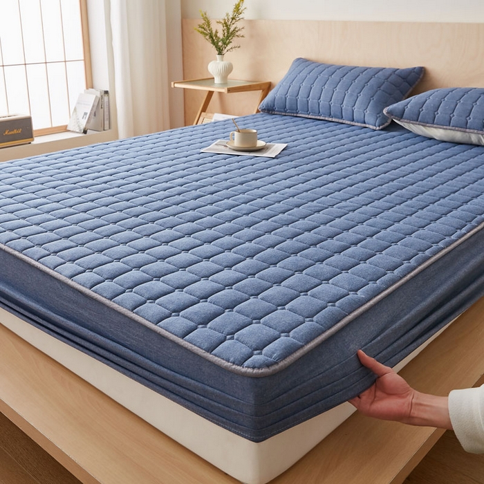 91家纺网 家纺一手货源 找家纺 暖季家纺 2025新款水洗棉夹棉床笠无印风棉花款 棉花床笠蓝