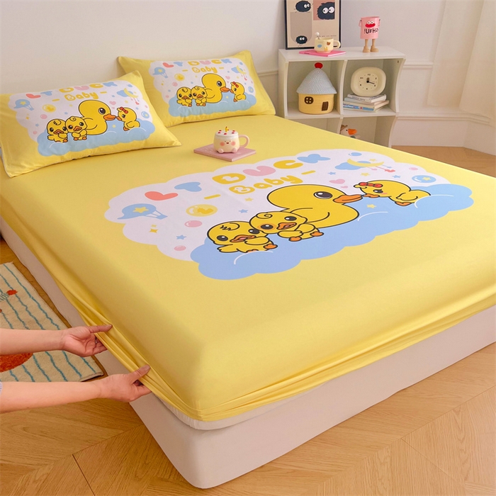 91家纺网 家纺一手货源 找家纺 梦舒羽 2025新款正版全棉床笠卡通床笠罩全包席梦思床垫保护罩 萌鸭派对