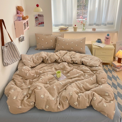 91家纺网 家纺一手货源 找家纺 桃子家居 2025新款A类纯棉有氧双层纱小清新可爱少女系列四件套 棉双层纱-蓝格可爱狗