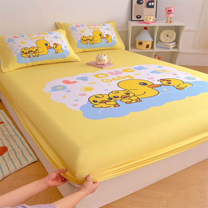 91家纺网 家纺一手货源 找家纺 梦舒羽 2025新款正版全棉床笠卡通床笠罩全包席梦思床垫保护罩 萌鸭派对