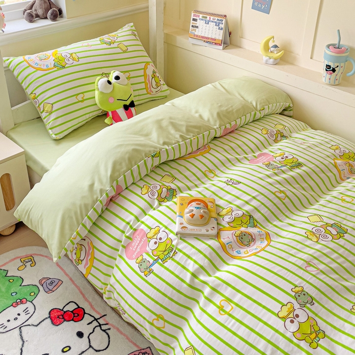91家纺网 家纺一手货源 找家纺 贝扬思家纺 2025新款水洗棉三丽鸥简约系列四件套-宿舍床 甜甜圈大眼青蛙