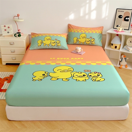 91家纺网 家纺一手货源 找家纺 圣比熊 正版授权控价55元起 全棉床笠卡通床笠罩全包席梦思床垫保护罩 萌鸭一族-绿