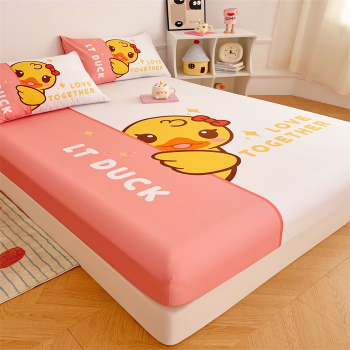 91家纺网 家纺一手货源 找家纺 梦舒羽 2025新款正版全棉床笠卡通床笠罩全包席梦思床垫保护罩 羞涩鸭