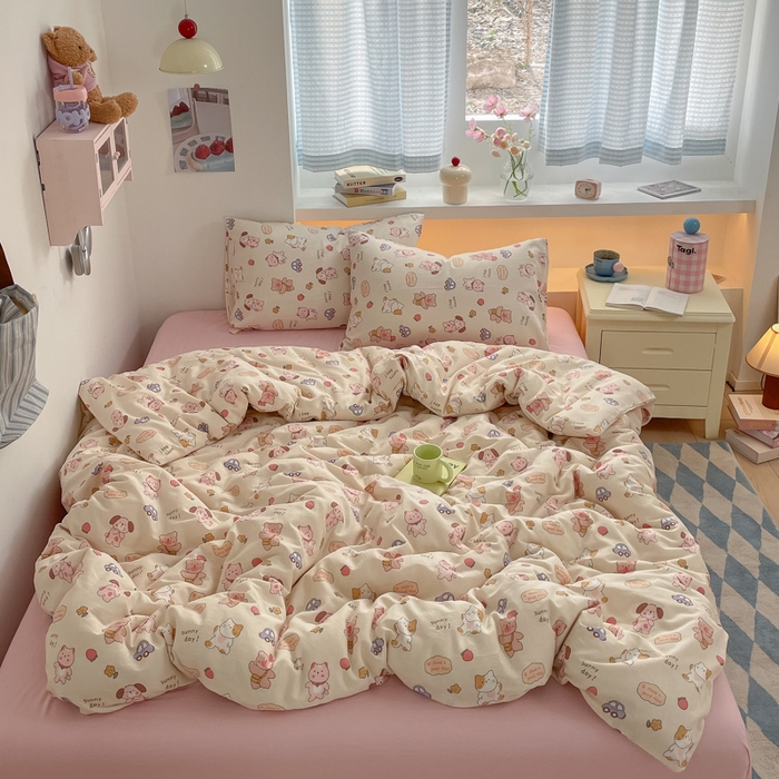 91家纺网 家纺一手货源 找家纺 桃子家居 2025新款A类纯棉有氧双层纱小清新可爱少女系列四件套 棉双层纱-萌萌日记