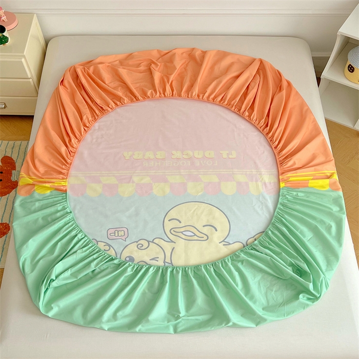 91家纺网 家纺一手货源 找家纺 梦舒羽 2025新款正版全棉床笠卡通床笠罩全包席梦思床垫保护罩 萌鸭一族-绿