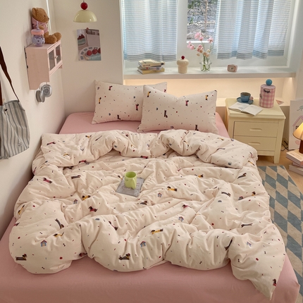 桃子家居2025新款A类纯棉有氧双层纱小清新可爱少女系列四件套 棉双层纱-点点小腊肠