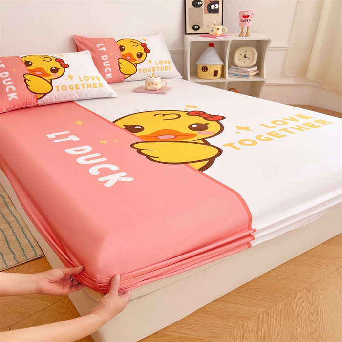 91家纺网 家纺一手货源 找家纺 梦舒羽 2025新款正版全棉床笠卡通床笠罩全包席梦思床垫保护罩 羞涩鸭