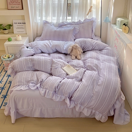 91家纺网 家纺一手货源 找家纺 满座家居 2025直播爆款 韩版复古提花公主格四件套 亲肤云朵棉水洗棉四件套 花漾-淡雅紫