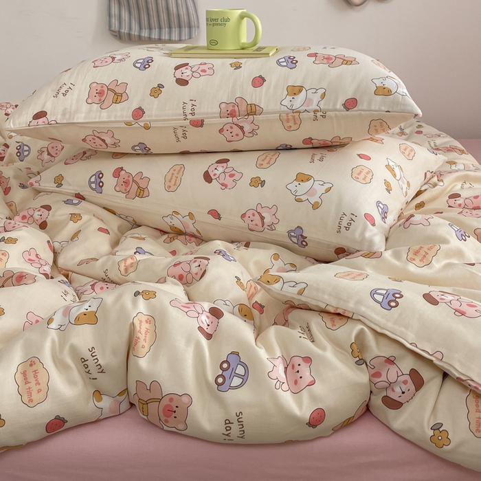 91家纺网 家纺一手货源 找家纺 桃子家居 2025新款A类纯棉有氧双层纱小清新可爱少女系列四件套 棉双层纱-萌萌日记