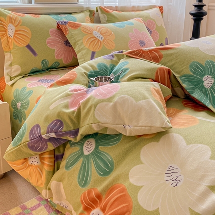 91家纺网 家纺一手货源 找家纺 （优质买家秀热卖不断货）A类母婴级纯棉全棉磨毛被套四件套全棉纯棉磨毛被套三件套纯棉全棉磨毛被套四件套 花骨朵-绿