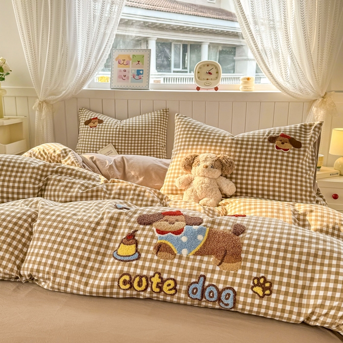 91家纺网 家纺一手货源 找家纺 上尚居 2025新款云朵棉卡通毛巾绣四件套 腊肠小狗