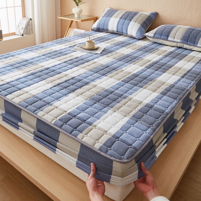 91家纺网 家纺一手货源 找家纺 暖季家纺 2025新款水洗棉夹棉床笠无印风棉花款 棉花床笠蓝大格