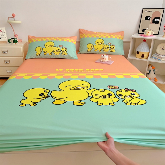 91家纺网 家纺一手货源 找家纺 梦舒羽 2025新款正版全棉床笠卡通床笠罩全包席梦思床垫保护罩 萌鸭一族-绿