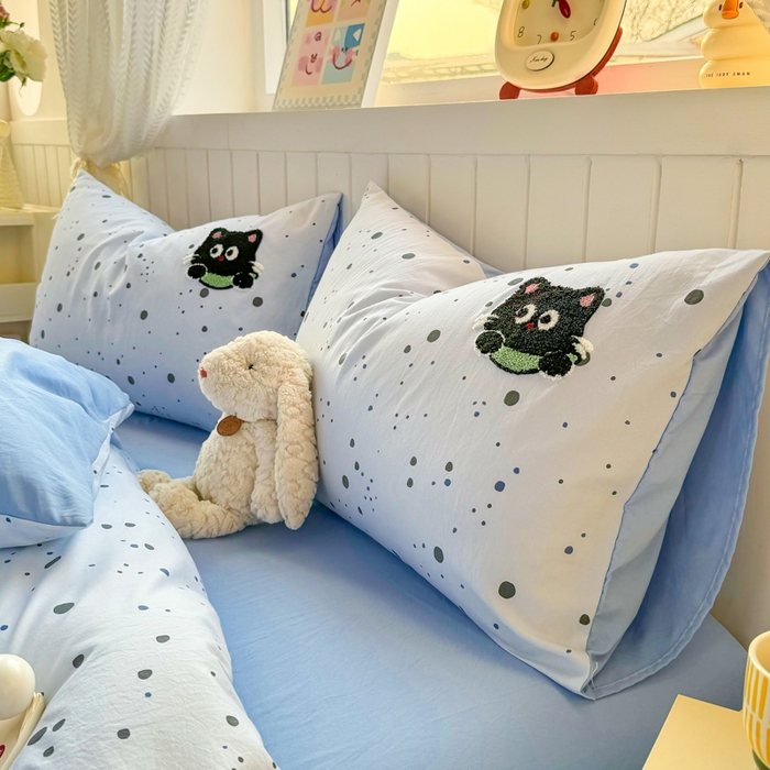 91家纺网 家纺一手货源 找家纺 上尚居 2025新款云朵棉卡通毛巾绣四件套 波点猫-蓝