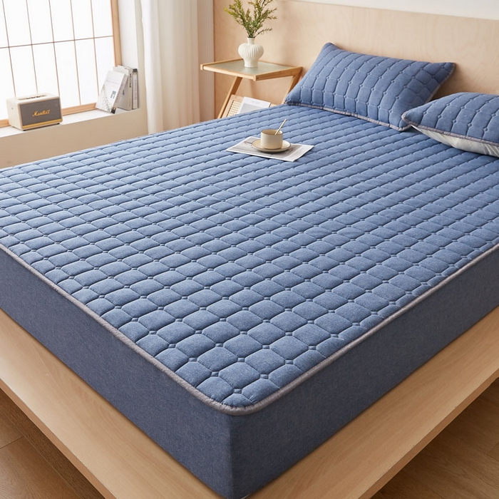 91家纺网 家纺一手货源 找家纺 暖季家纺 2025新款水洗棉夹棉床笠无印风棉花款 棉花床笠蓝