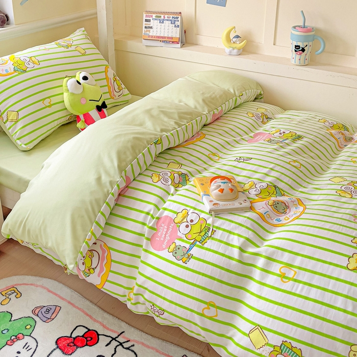 91家纺网 家纺一手货源 找家纺 贝扬思家纺 2025新款水洗棉三丽鸥简约系列四件套-宿舍床 甜甜圈大眼青蛙