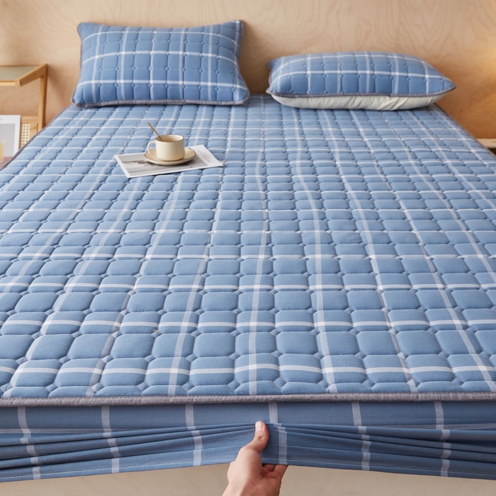 91家纺网 家纺一手货源 找家纺 暖季家纺 2025新款水洗棉夹棉床笠无印风棉花款 棉花床笠兰灰中格