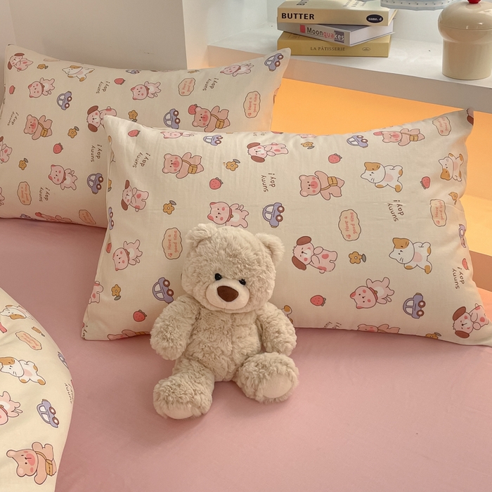 91家纺网 家纺一手货源 找家纺 桃子家居 2025新款A类纯棉有氧双层纱小清新可爱少女系列四件套 棉双层纱-萌萌日记