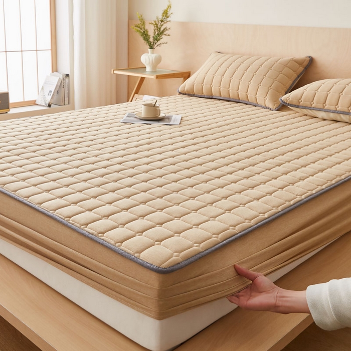 91家纺网 家纺一手货源 找家纺 暖季家纺 2025新款水洗棉夹棉床笠无印风棉花款 棉花床笠卡其