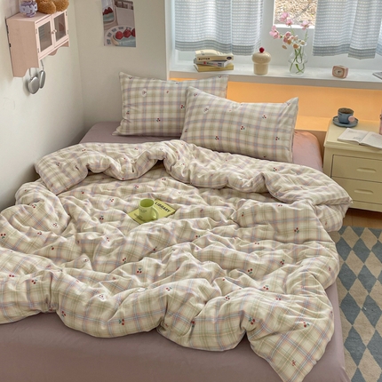 桃子家居2025新款A类纯棉有氧双层纱小清新可爱少女系列四件套 棉双层纱-美好小樱桃