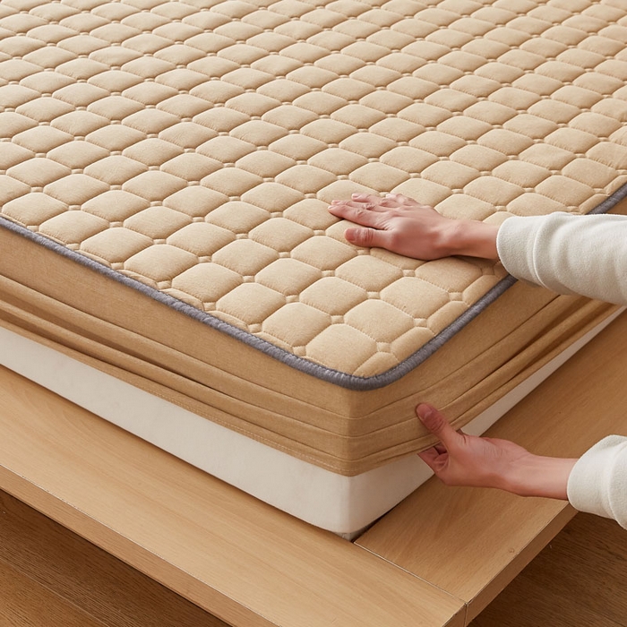 91家纺网 家纺一手货源 找家纺 暖季家纺 2025新款水洗棉夹棉床笠无印风棉花款 棉花床笠卡其