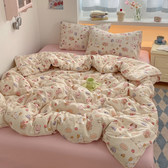 91家纺网 家纺一手货源 找家纺 桃子家居 2025新款A类纯棉有氧双层纱小清新可爱少女系列四件套 棉双层纱-萌萌日记