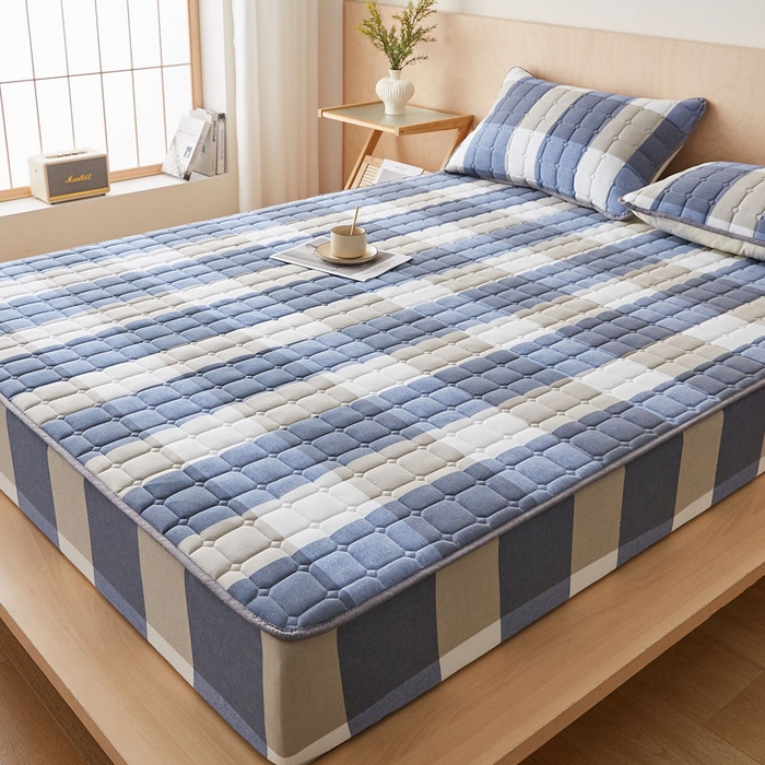 91家纺网 家纺一手货源 找家纺 暖季家纺 2025新款水洗棉夹棉床笠无印风棉花款 棉花床笠蓝大格