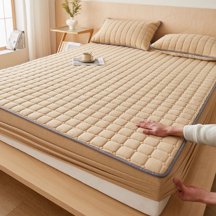 91家纺网 家纺一手货源 找家纺 暖季家纺 2025新款水洗棉夹棉床笠无印风棉花款 棉花床笠卡其