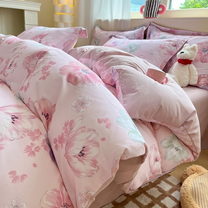 91家纺网 家纺一手货源 找家纺 （买家秀爆款不断货）A类母婴级100纯棉全棉磨毛四件套全棉纯棉全棉磨毛四件套百分百纯棉全棉磨毛四件套 甜心-花似玉-粉