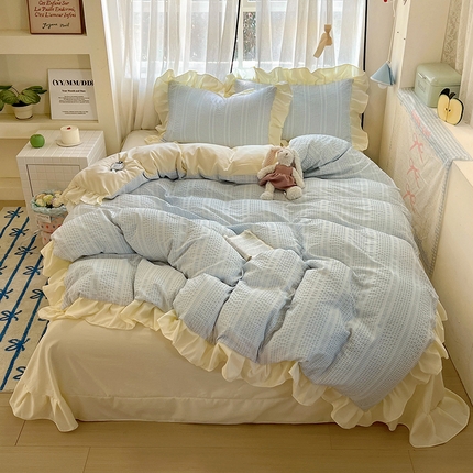 91家纺网 家纺一手货源 找家纺 满座家居 2025直播爆款 韩版复古提花公主格四件套 亲肤云朵棉水洗棉四件套 花漾-月影蓝