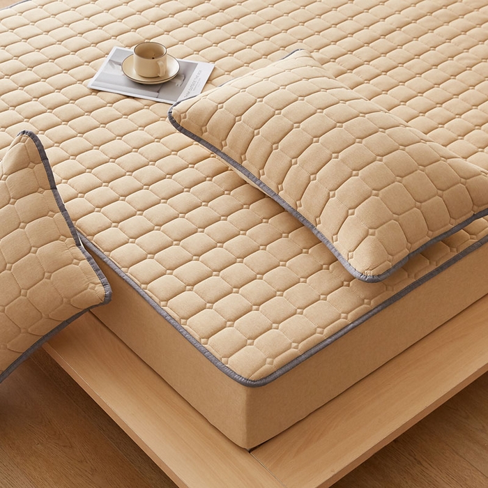 91家纺网 家纺一手货源 找家纺 暖季家纺 2025新款水洗棉夹棉床笠无印风棉花款 棉花床笠卡其