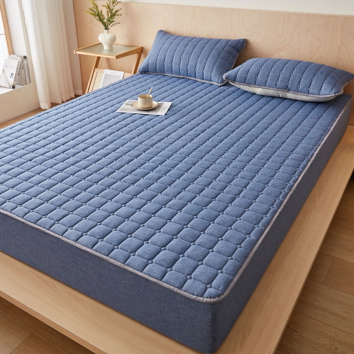 91家纺网 家纺一手货源 找家纺 暖季家纺 2025新款水洗棉夹棉床笠无印风棉花款 棉花床笠蓝