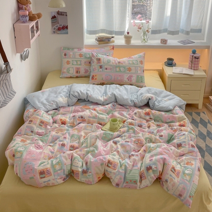 桃子家居2025新款A类纯棉有氧双层纱小清新可爱少女系列四件套 棉双层纱-美好时光蓝