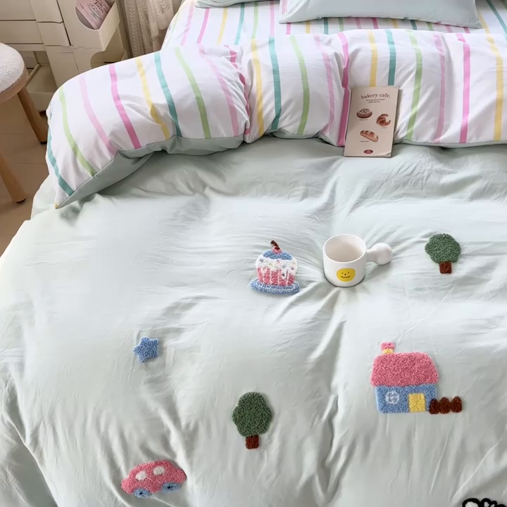 91家纺网 家纺一手货源 找家纺 上尚居 2025新款云朵棉卡通毛巾绣四件套 多彩乐园