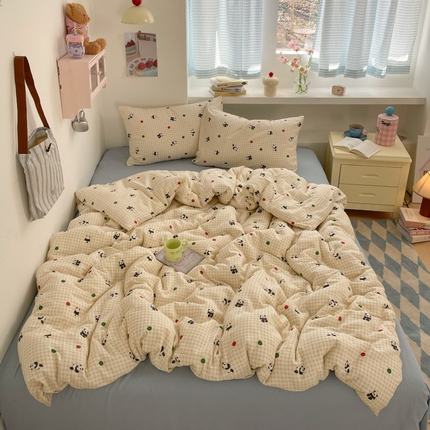 桃子家居2025新款A类纯棉有氧双层纱小清新可爱少女系列四件套 棉双层纱-奶油格子熊猫