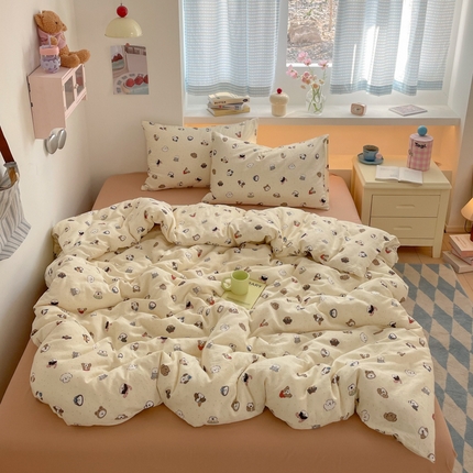 桃子家居2025新款A类纯棉有氧双层纱小清新可爱少女系列四件套 棉双层纱-奶咖黄油狗