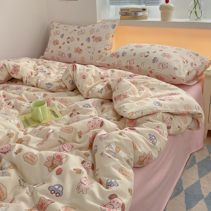 91家纺网 家纺一手货源 找家纺 桃子家居 2025新款A类纯棉有氧双层纱小清新可爱少女系列四件套 棉双层纱-萌萌日记