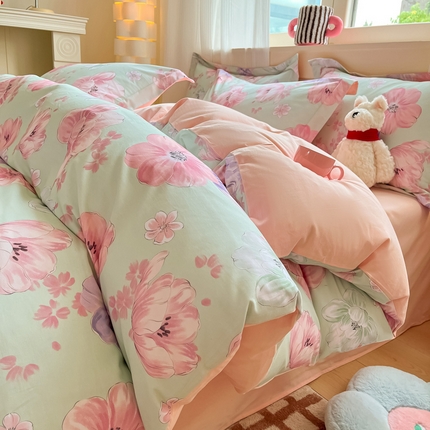 91家纺网 家纺一手货源 找家纺 （买家秀爆款不断货）A类母婴级100纯棉全棉磨毛四件套全棉纯棉全棉磨毛四件套百分百纯棉全棉磨毛四件套 甜心-花似玉-绿