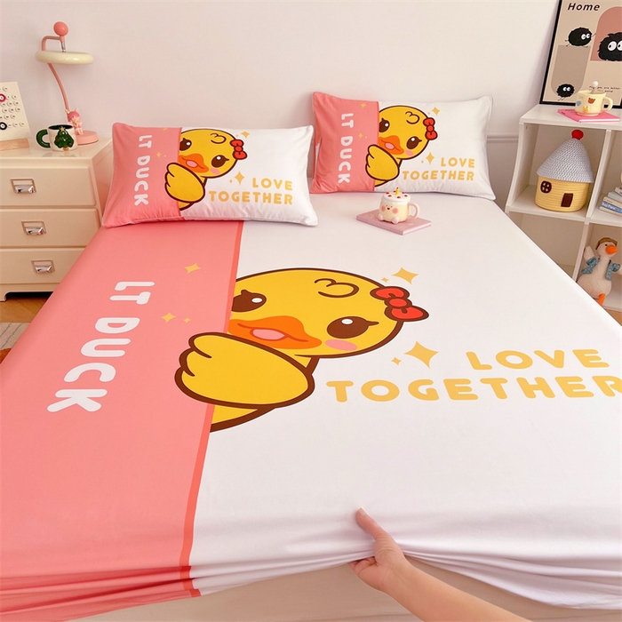 91家纺网 家纺一手货源 找家纺 梦舒羽 2025新款正版全棉床笠卡通床笠罩全包席梦思床垫保护罩 羞涩鸭