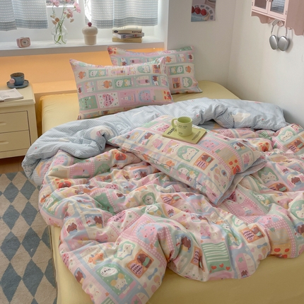 91家纺网 家纺一手货源 找家纺 桃子家居 2025新款A类纯棉有氧双层纱小清新可爱少女系列四件套 棉双层纱-美好时光蓝