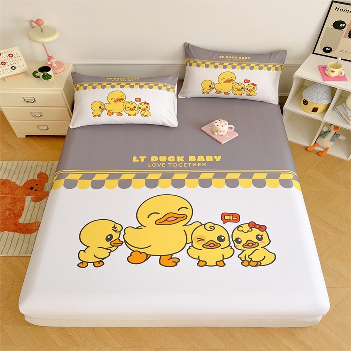 91家纺网 家纺一手货源 找家纺 梦舒羽 2025新款正版全棉床笠卡通床笠罩全包席梦思床垫保护罩 萌鸭一族-白