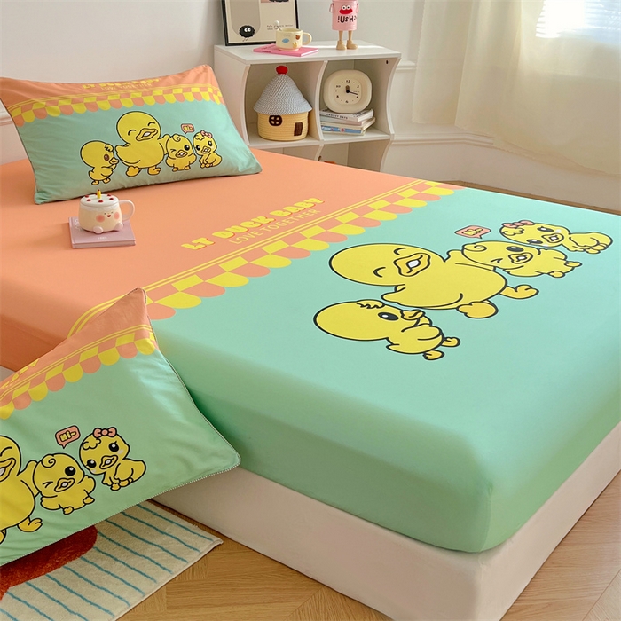 91家纺网 家纺一手货源 找家纺 梦舒羽 2025新款正版全棉床笠卡通床笠罩全包席梦思床垫保护罩 萌鸭一族-绿
