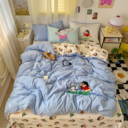 91家纺网 家纺一手货源 找家纺 一霖家纺 2025新款2025新款高克重云朵棉数码印花＋毛巾绣四件套 小新与小白