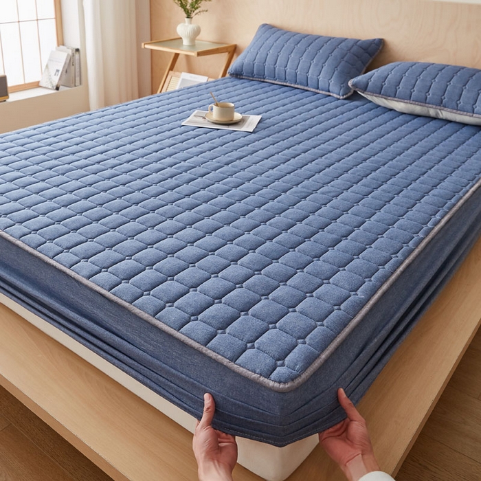 91家纺网 家纺一手货源 找家纺 暖季家纺 2025新款水洗棉夹棉床笠无印风棉花款 棉花床笠蓝