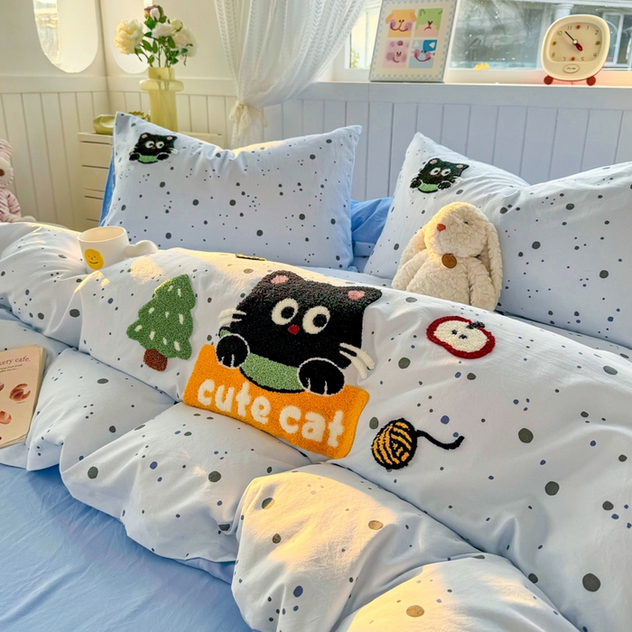 91家纺网 家纺一手货源 找家纺 上尚居 2025新款云朵棉卡通毛巾绣四件套 波点猫-蓝