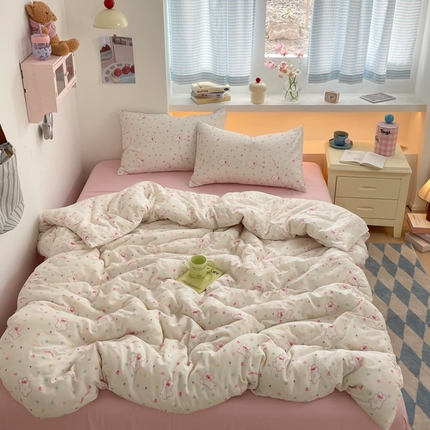 桃子家居2025新款A类纯棉有氧双层纱小清新可爱少女系列四件套 棉双层纱-奶糖兔